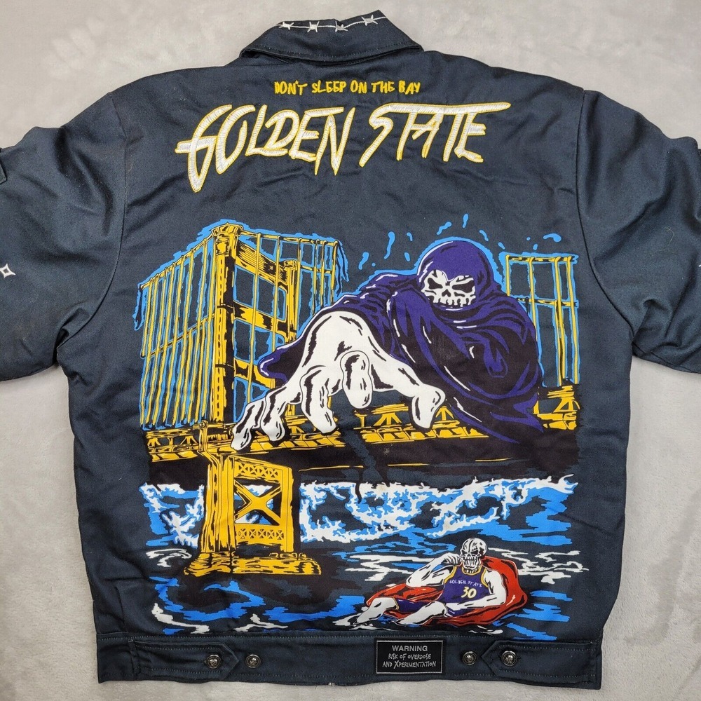 X Brand Jacket Mens Medium Bomber Coat Skull Bones Golden State Bay Bridge Adult